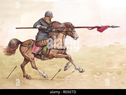 Cavaliere cavaliere. Tedesco (ottonico) pesante cavalleria carica alla battaglia. Illustrazione storica. Foto Stock