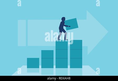 Il concetto di business di crescita e successo. Vettore di un imprenditore la costruzione di passaggi per la sua carriera aziendale. Illustrazione Vettoriale