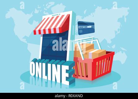 Shopping online concetto. Vettore di un computer tablet, carrello, carta di credito e scatole di prodotto Illustrazione Vettoriale