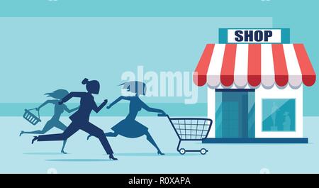Vettore di un gruppo di donne shopper in fretta in esecuzione alla vendita negozio di sconto per un evento di promozione Illustrazione Vettoriale