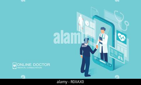 Vettore di una riunione del paziente un medico online utilizzando una tecnologia dello smartphone, online consultazione medica Illustrazione Vettoriale