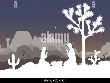 Santa Famiglia e il Joshua Tree, cactus e le montagne sullo sfondo. Illustrazione Vettoriale. Illustrazione Vettoriale