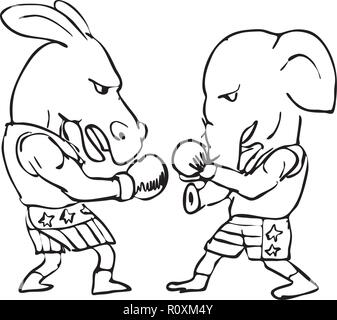 Illustrazione grafica che mostra un disegno di un asino boxer e un elefante combattendo in un incontro di boxe che indossa American a stelle e strisce shorts su bianco Illustrazione Vettoriale