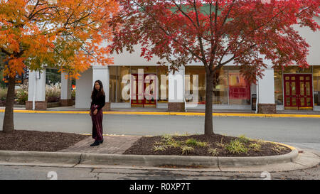 Thai woman standing sotto bellissimi alberi davanti ai negozi in autunno Foto Stock