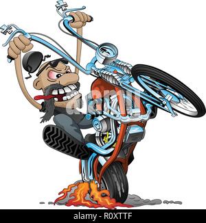 Crazy biker su una vecchia scuola moto chopper cartoon illustrazione vettoriale Illustrazione Vettoriale