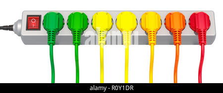 Il risparmio energetico il concetto di consumo, fila da tappi colorati 3d rendering isolati su sfondo bianco Foto Stock
