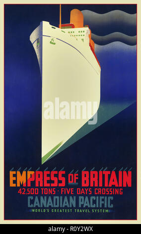 Vintage degli anni trenta Poster RMS Empress of Britain Canadese Pacific 42500 tonnellate 5 giorno attraversando mondi più grande sistema di viaggio Ocean Liner Steamship poster degli anni trenta. Foto Stock