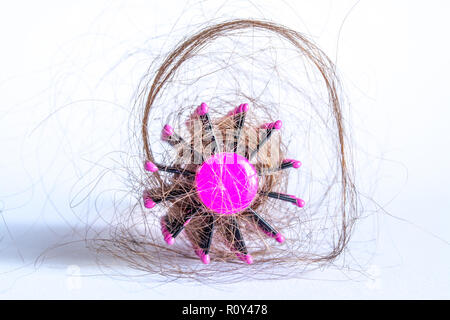 Pettinare i capelli a ciocche, fascio di capelli, un sacco di capelli sulla spazzola per capelli close up su sfondo bianco Foto Stock