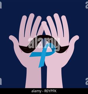 Movember giorno mani tenendo i baffi blue ribbon illustrazione vettoriale Illustrazione Vettoriale