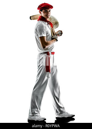 Un caucasian jai alai pelota basca Cesta Punta player uomo isolato su sfondo bianco silhouette Foto Stock