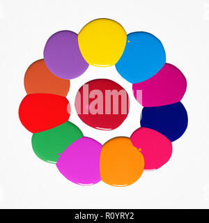 Blob multicolore di lucido smalto per unghie su sfondo bianco formando un cerchio Foto Stock