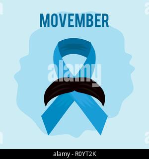 adesivo giorno di ovember nastro blu baffi baffi illustrazione vettoriale Illustrazione Vettoriale