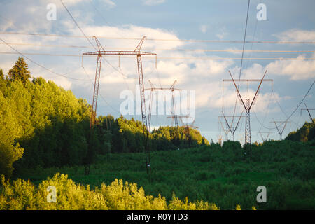 Tralicci di energia elettrica, le linee di potenza e gli alberi stagliano contro un cielo nuvoloso al tramonto Foto Stock