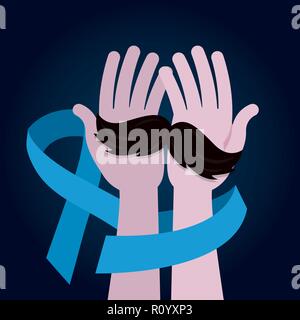 Movember giorno mani tenendo i baffi blue ribbon illustrazione vettoriale Illustrazione Vettoriale