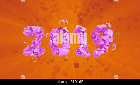 Felice anno nuovo Banner con 2019 tendenza rosa numeri di colori realizzati da shattered stone incrinato isolato su sfondo arancione di volo con sfere di vetro abstract 3d illustrazione Foto Stock