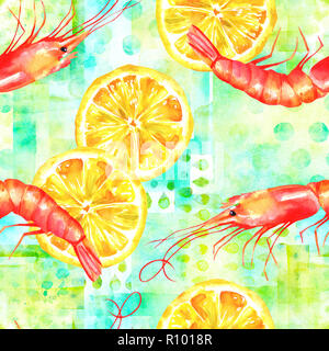 Un acquerello di seamless pattern con gamberi e limoni su un teal blu modello patchwork, un pesce fresco ripeti stampa Foto Stock