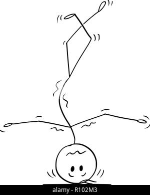 Cartoon stick disegno illustrazione concettuale dell'uomo facendo handstand e bilanciamento sulla sua testa. Illustrazione Vettoriale