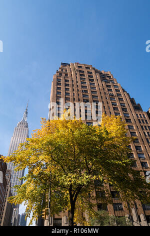 L'Empire State Building e dieci Park Avenue in Murray Hill con un cielo blu chiaro in una giornata autunnale, NYC, STATI UNITI D'AMERICA Foto Stock