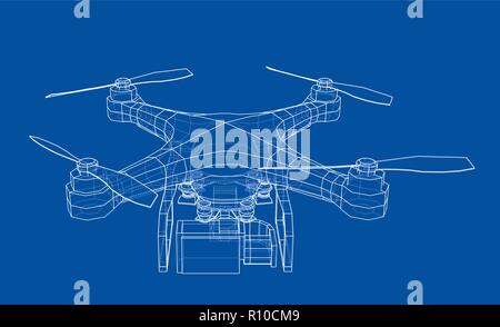 Drone concetto. Vettore di rendering 3d. Filo-stile di cornice. Gli strati di visibile e invisibile di linee sono separate Illustrazione Vettoriale