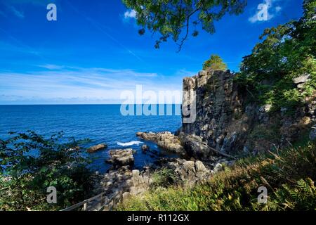 Ripide scogliere a picco sul mare della costa del nord dell isola di Bornholm - Helligdomsklipperne (Santuario rocce), Danimarca Foto Stock