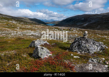 Vista dalla parte superiore del Mårådalen,Gamle Strynefjellsveg 1894-1977, ora elencati FV258, collega occidentale e orientale della Norvegia via Videdalen e Mårådalen (27 km) Foto Stock