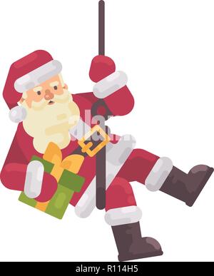 Santa Claus rappelling con un presente in mano. Santa scendendo giù il camino. Carattere di Natale illustrazione piatta Illustrazione Vettoriale