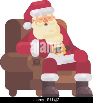 Stanco di Babbo Natale di dormire in una poltrona dopo aver consegnato la presenta. Carattere di Natale illustrazione piatta Illustrazione Vettoriale