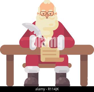 Babbo Natale seduto alla sua scrivania a scrivere una lettera a un capretto. Carattere di Natale illustrazione piatta Illustrazione Vettoriale