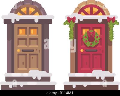 Due porte d'inverno. Natale portico decorato illustrazione piatta Illustrazione Vettoriale