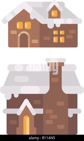 Due casa invernale coperto di neve. Natale Gingerbread case illustrazione piatta Illustrazione Vettoriale