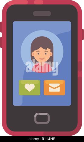 Lo schermo dello smartphone con un app sociale interfaccia e una ragazza avatar icona piatta. Dating app illustrazione piatta Illustrazione Vettoriale