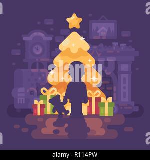 Un ragazzo con un orsacchiotto silhouette contro un luminoso e brillante albero di Natale con presenta la notte in una camera accogliente con caminetto, una poltrona e una gra Illustrazione Vettoriale