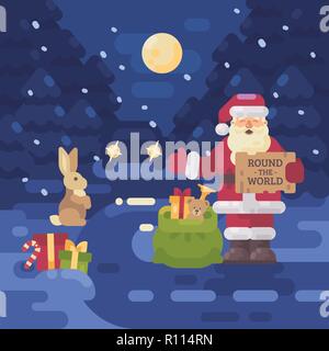 Babbo Natale ha perso la sua slitta e renne e autostop sulla strada per offrire presenta per i bambini. Natale illustrazione piatta Foto Stock