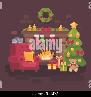 Accogliente decorata sala di Natale con un caminetto, una poltrona rossa, un albero di Natale con doni e con un gatto pelo. Appartamento per le vacanze illustrazione Illustrazione Vettoriale