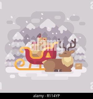 Allegro Babbo natale renne sdraiati vicino a slitta con presenta in un innevato paesaggio di montagna. Auguri di Natale carta illustrazione piatta Foto Stock