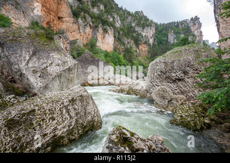 Veloce che scorre acqua di fiume Tarn round enormi massi nelle Gorges du Tarn Averyron Francia Foto Stock