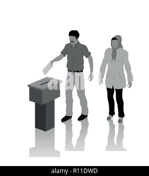 Musulmani nazionalista elettori votano per le elezioni con urne. Tutti gli oggetti, le ombre e lo sfondo sono in diversi strati. Illustrazione Vettoriale