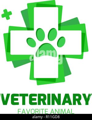 Brillante logo vettoriale della clinica veterinaria. Il logotipo della farmacia per gli animali, croce di colore verde isolato su sfondo bianco. Illustrazione Vettoriale