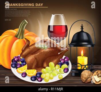 Felice ringraziamento turchia vettore menu realistiche. Autumn Fall 3d dettagliata illustrazione dei simboli Illustrazione Vettoriale