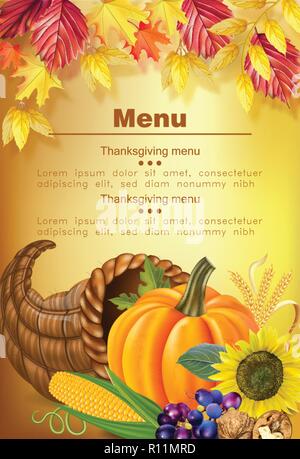 Felice ringraziamento vettore menu realistiche. La zucca e semi di girasole. Autumn Fall 3d dettagliata illustrazione dei simboli Illustrazione Vettoriale