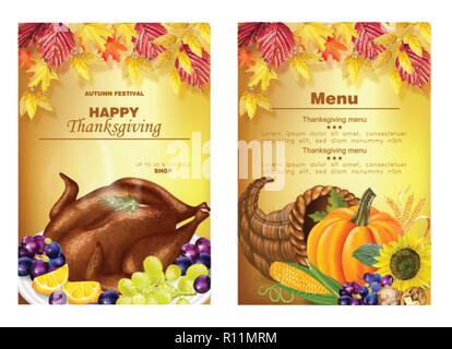 Felice ringraziamento Tagliandi menu realistica del vettore. La Turchia, zucca e frutti. Autumn Fall 3d dettagliata illustrazione dei simboli Illustrazione Vettoriale