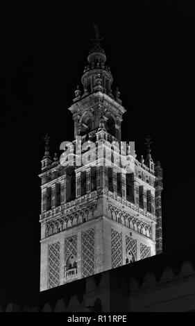 Torre Giralda di notte in bianco e nero. Siviglia, Spagna Foto Stock