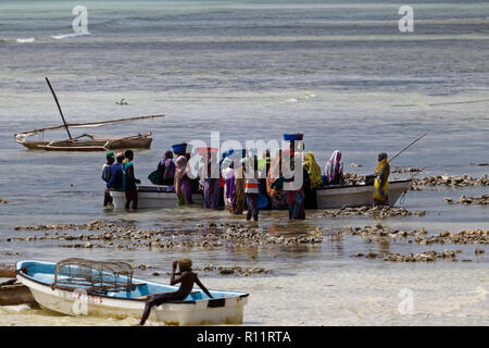 Izimkazi, Zanzibar, Tanzania - Gennaio 19, 2018: persone locali l'acquisto di pesce dal pescatore. Kizimkazi village. Zanzibar, Tanzania. Foto Stock