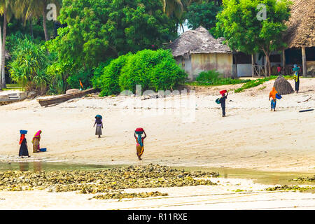 Izimkazi, Zanzibar, Tanzania - Gennaio 19, 2018: persone locali l'acquisto di pesce dal pescatore. Kizimkazi village. Zanzibar, Tanzania. Foto Stock