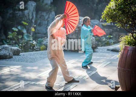 Chengdu, nella provincia di Sichuan, in Cina - Ott 31, 2018 : l uomo e la donna pratica il Tai Chi con ventole di rosso nella mattinata con la gente del parco. Foto Stock