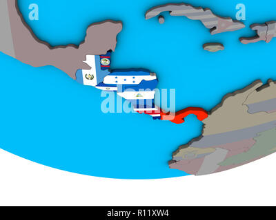 America centrale con embedded bandiere nazionali sulla politica semplice globo 3D. 3D'illustrazione. Foto Stock