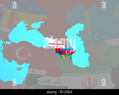 Regione del Caucaso con bandiere nazionali sul blu globo politico. 3D'illustrazione. Foto Stock