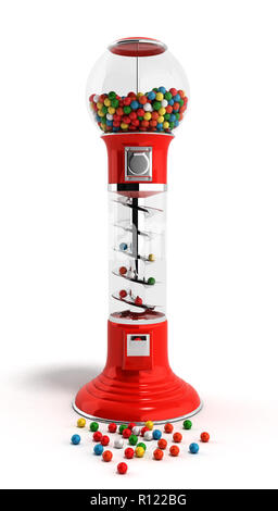 Red vintage gumball macchina erogatrice realizzata in vetro e in plastica riflettente con fascione cromato riempito con gumballs multicolore su un 3D render isolato Foto Stock