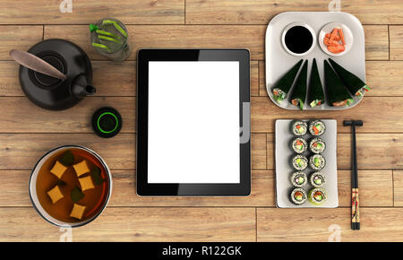 Concetto di cibo online ordering, Consegna del cibo, il cibo è vicino alla tavoletta su uno sfondo di legno 3d illustrazione Foto Stock