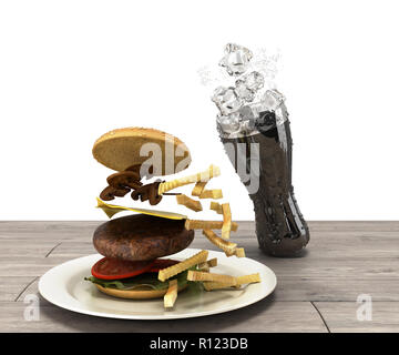 Hamburger e un bicchiere di coca cola con ghiaccio sul tavolo di legno spazio libero per il testo 3D rendering su bianco Foto Stock